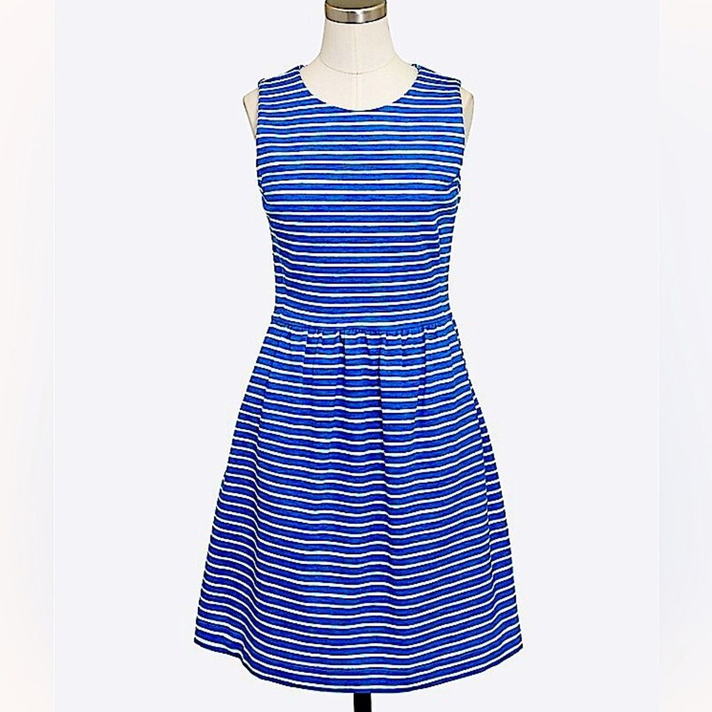 J. Crew Blue Bright Grotto Stripe Pleated Ponte Knit Dress With Zip Back